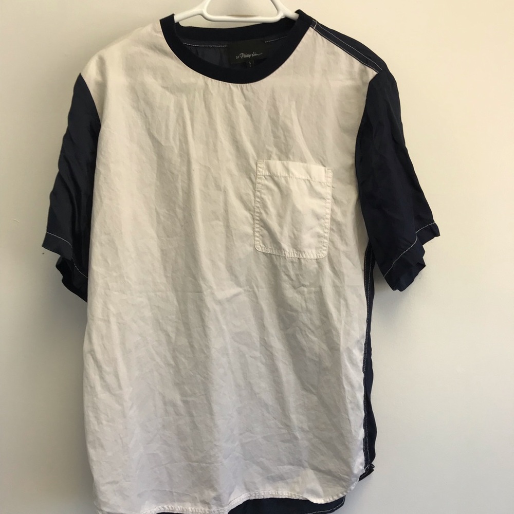 C—UNISEX Two-Tone Navy and White Pocket Crew Neck Shirt